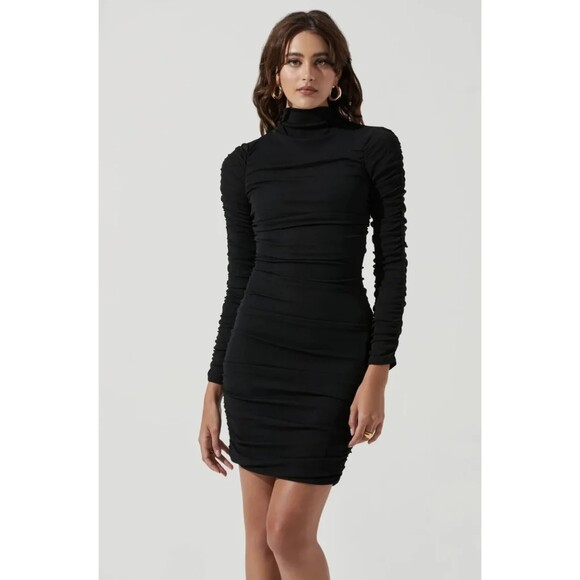 ASTR the Label Black Mini Dress Bodycon Gathered Sides/Sleeves Ruching NEW NWT - Picture 1 of 9